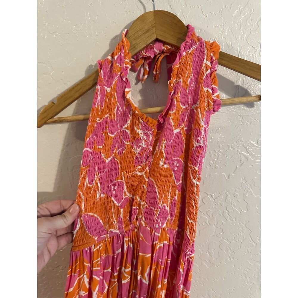 Y Japna Rayon Orange & Pink Beachy Crinkle Floral Print Feminine Spring Dress - Picture 4 of 9